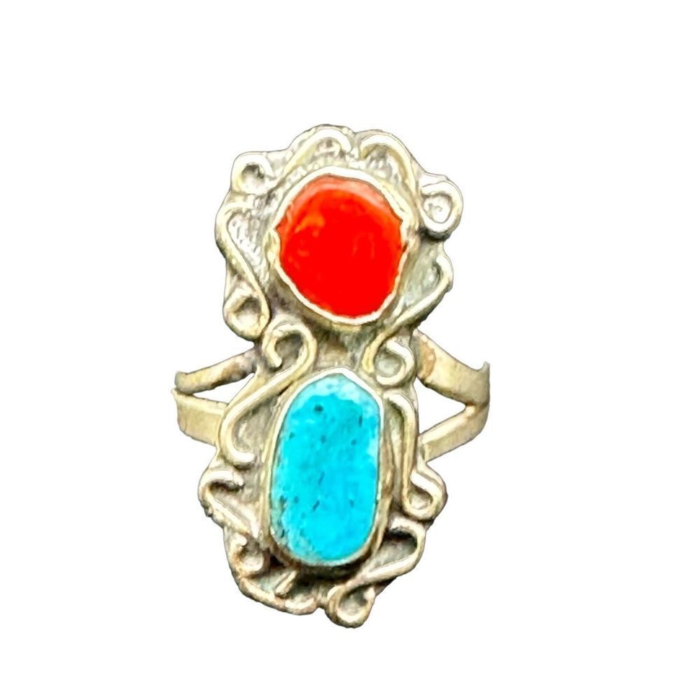 Navajo Sterling silver turquoise coral ring vintage size 7 3/4